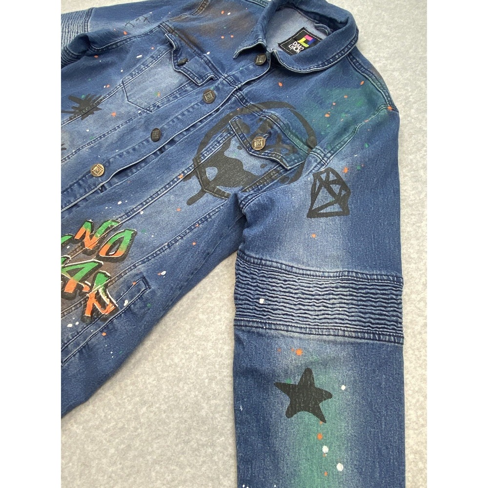 Demo Lition Jacket Mens XL Blue Denim Graffiti Biker NO CAP HUSTLE Art Street - Picture 4 of 16